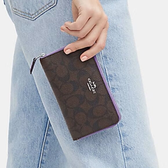 Coach Wallet Neon Colorblock ID Card Zip Brown Purple Iris Signature CL684 NEW - Picture 3 of 16